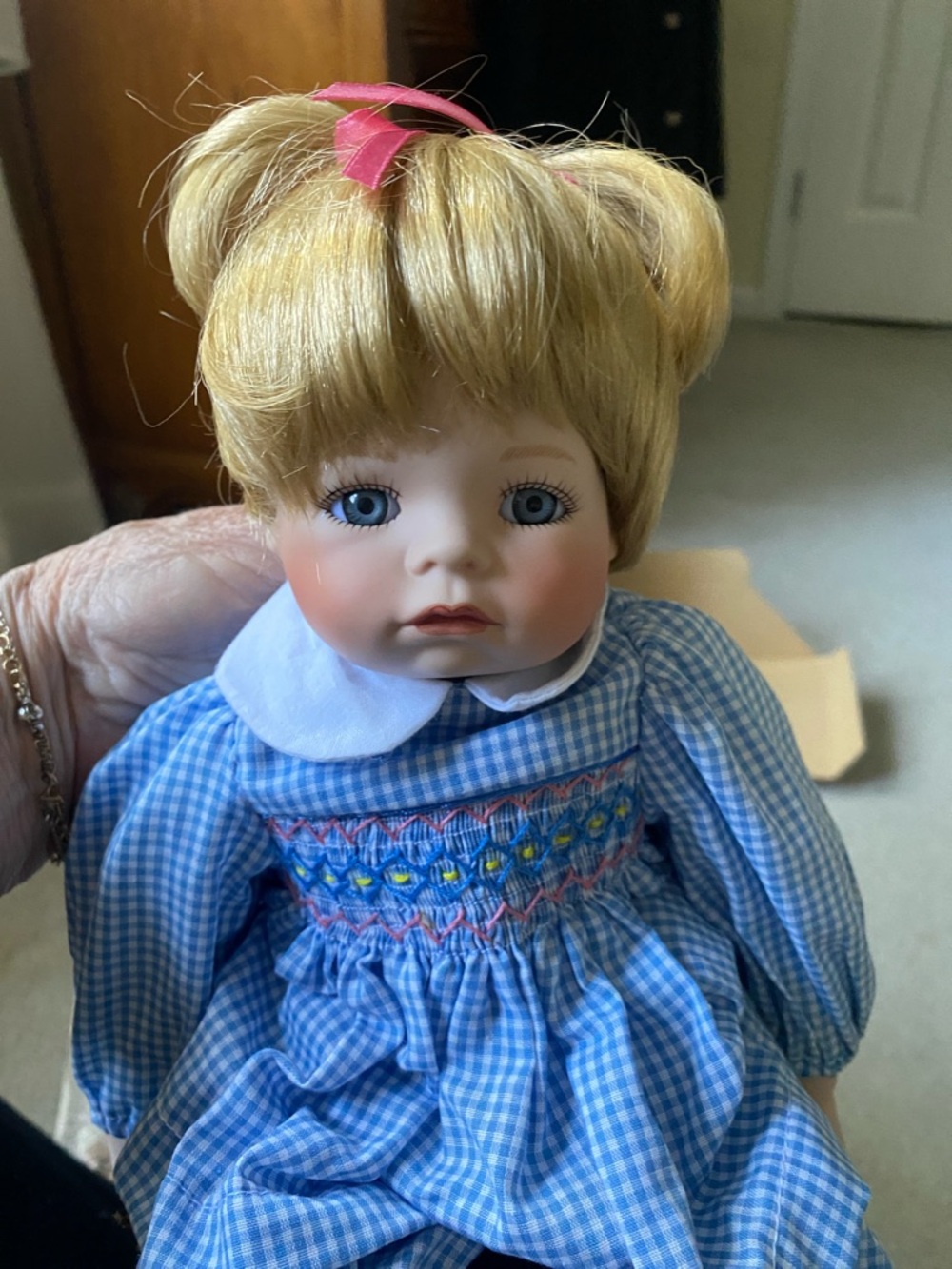 Porcelain Doll in Blue Gingham Dress - Blonde Hair, Blue Eyes

In Original box